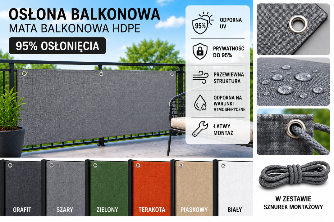 OSŁONA BALKONOWA MATA HDPE 95% UV NA BALKON TARAS